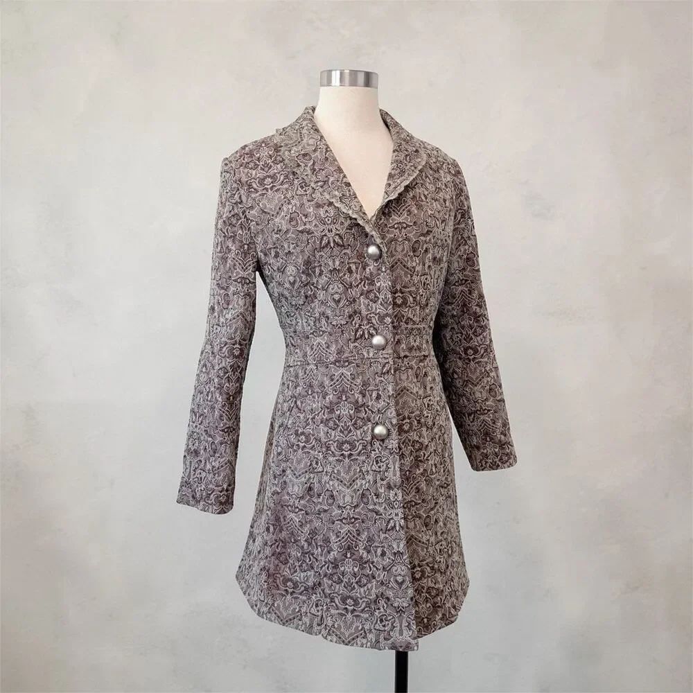 Papillon Urban Tapestry Paisley Brown Lace Trench Coat Large Y2K